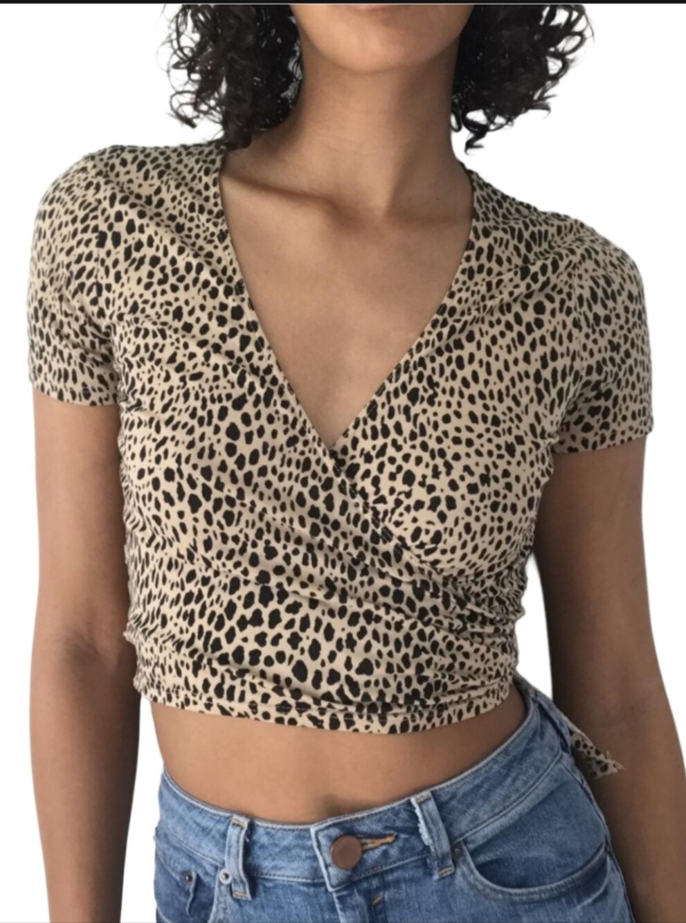 Brandy Melville Womens Tan Black Leopard Wrap Crop Top Size Small